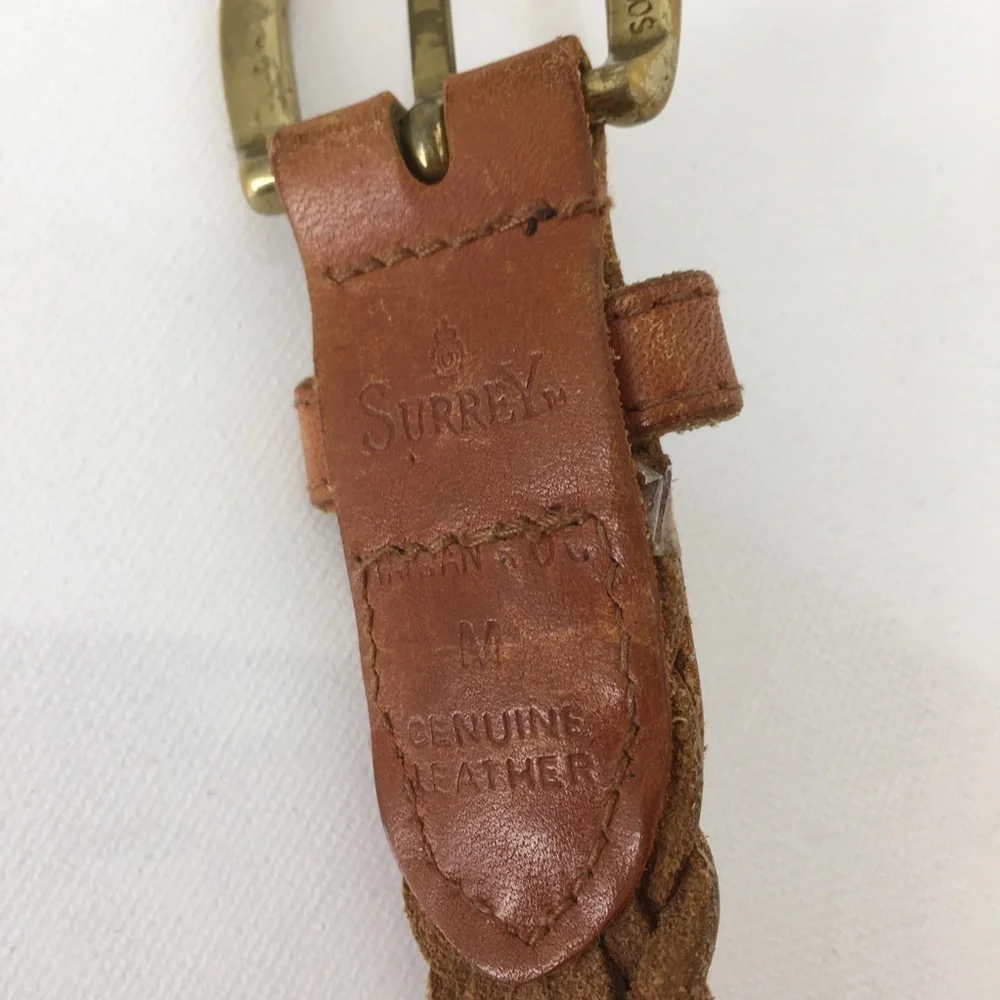 Surrey Women’s Brown Leather Belt Solid Brass Buckle Braided Woven Boho Size M